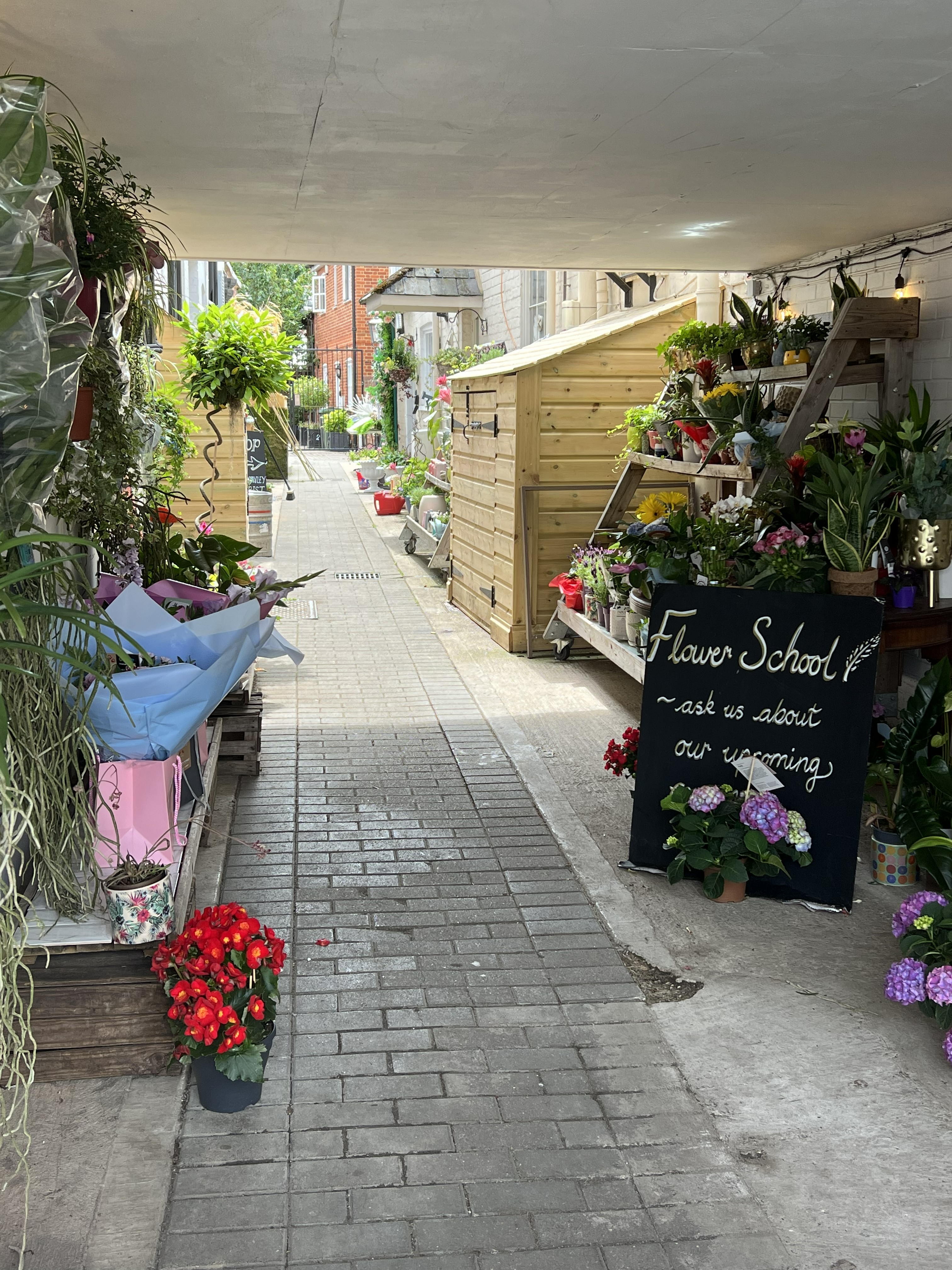 The flower-lined alleyway approach